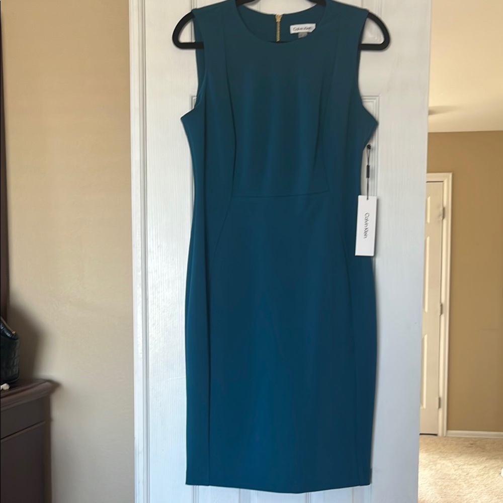 Chic Calvin Klein Sleeveless Teal Blue Midi Dress Sz 8